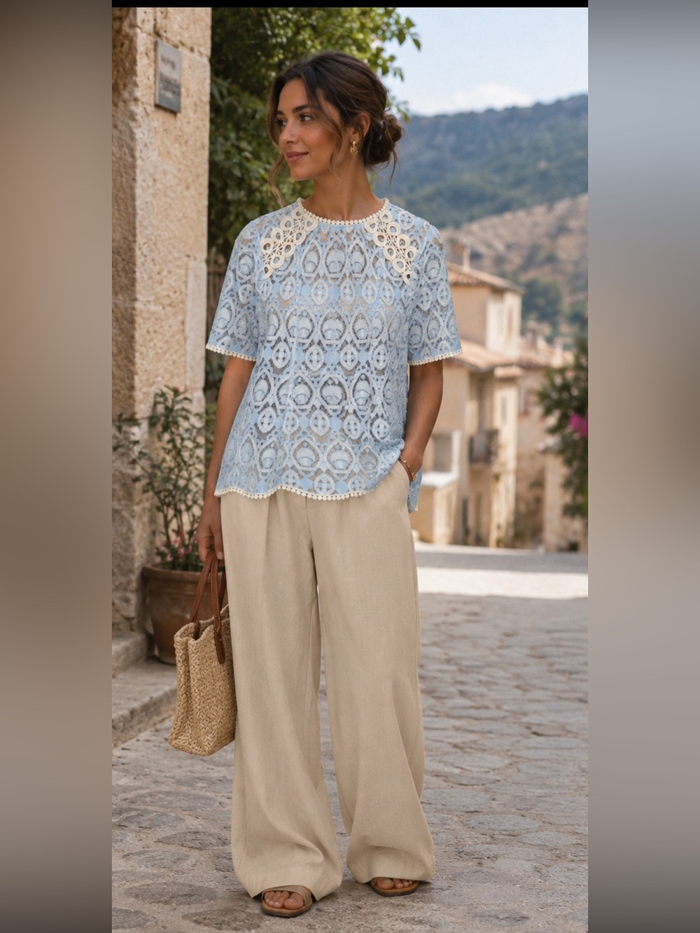 HD in Paris Light Blue Lace Top with Cream Accents Anthropology